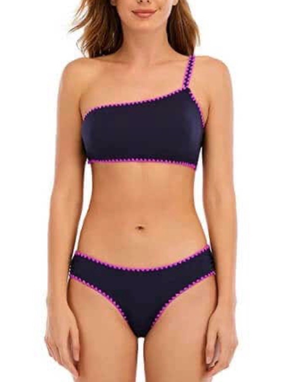 Lucky Brand Navy One-Shoulder Bikini with Hot Pink Trim